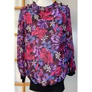 Vtg 80s Risa Ann Floral Blouse XL Purple Pink Ribbed Waist Buttons Pleated